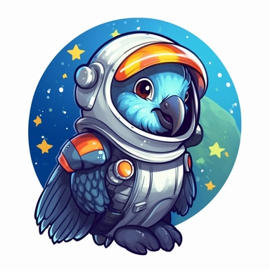 Create a cute clipart of a parrot dressed in an astronaut suit floating in space with a helmet on its head. The parrot should be holding a flag with its beak and have a look of excitement on its face. The background should be dark blue with some stars and planets scattered around to give a sense of space. This clipart should be perfect for any space-themed project or educational material.