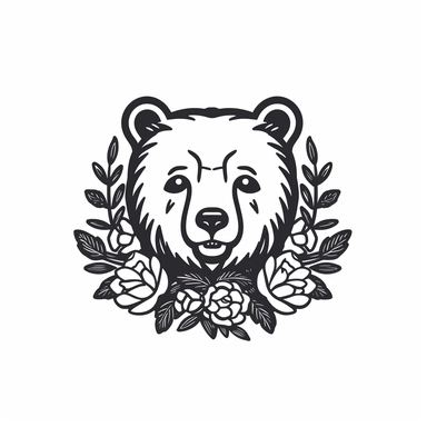 simple outline of a bear with flower on white background tattoo, minimalist, symmetry, sticker, vector design, one color, outline, clipart, flat 2d vector, black and white, cartoon, svg cut file, line art drawing