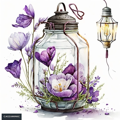 purple crocus flowers braiding lantern, watercolour, floral, clipart design, white background, uplighted