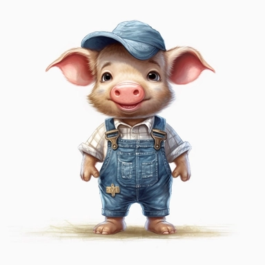 Adorable cute fantasy pig dressed like a farmer, nursery art, clipart image, lineart image, white background, very detailed, 8k