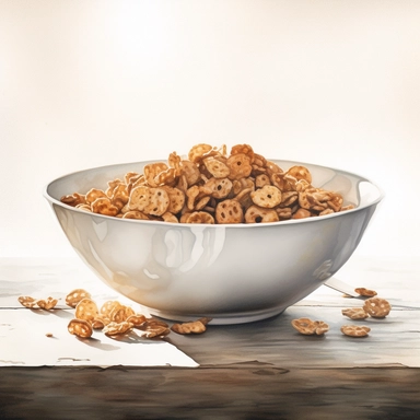 watercolor for a clipart with a white background of a bowl of cereal with milk, realism, painted by nick alm