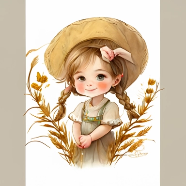 Cute kid girl with garlands of barley, hand draw Illustration clipart, 4K, extremely detailed