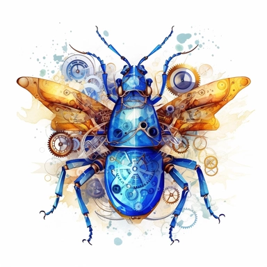 a steampunk style mechanic blue bug with watercolor effect,steampunk style gear wheels,unrealistic,suitable for digital cliparts , fantastic scene , high quality,fantastic scene