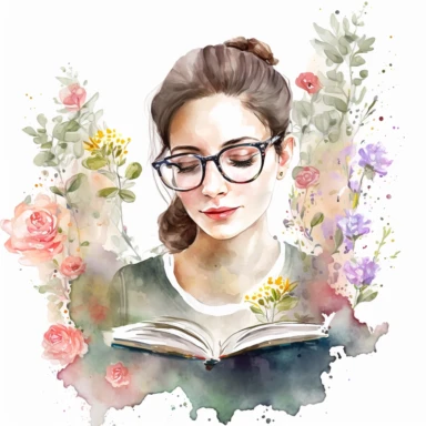 a watercolor painting which shows a close up portrait of beautiful attractive woman with brunette hair reading a book, she is wearing reading glasses, she looks very interested and focussed. The clipart is surrounded by flowers and books and the general atmosphere of the painting is focused and peaceful and motivational . the picture is painted in a beautiful floresque and office style and is on a White background in the center of the image and the color palette is bright blush beige and pink