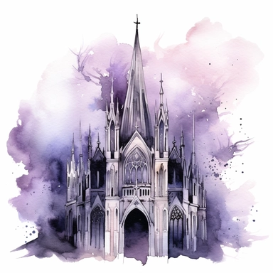 Gothic Elegance Watercolor Clipart: The Midnight Cathedral This clipart portrays a haunting yet stunning Gothic cathedral, designed with the colors Midnight Black, Enchanted Violet, and a touch of Moonlight Silver. The cathedral stands out against the white background, appearing to glow in the moonlight. It's fully separated from the background, making it versatile for various design purposes.