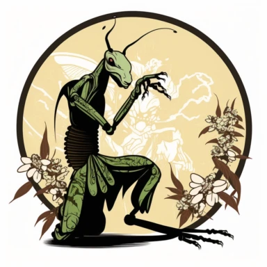 praying mantis doing kung fu tattoo design, Mike Giant style, flat, clipart