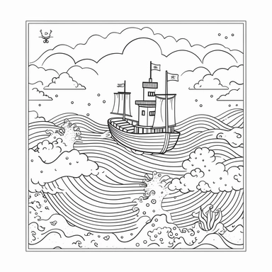 coloring page for kids of boat in ocean, white neutral background, clean line art, low details , 1,5px thick black lines, clipart