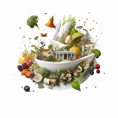 White background. Clipart. food. magical foodscapes made from mouthwatering dishes that are transformed into extraourdinary landscapes. mystical, beuty of nature elements, touch of fantasy, visually stunning, enchanting, imagination, culinary, extraordinary. Clipart. White background.