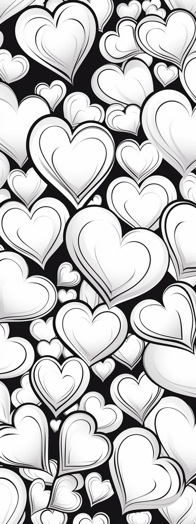 decortive background with hearts, b&w lineart, minimalist style, white background, full body, picture, coloring book style on white background, well composed, clean coloring book page, No dither, no gradient, strong outline, No fill, No solids, vector illustration, clipart, simple, cartoon,