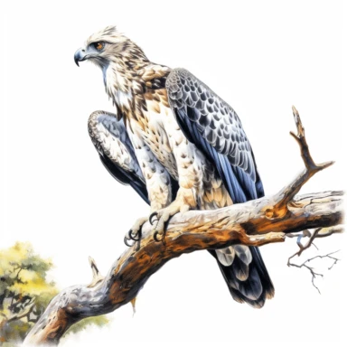 Martial eagle, perched high on a tree branch, keeping a watchful eye, vibrant colors, clipart, on a white background.
