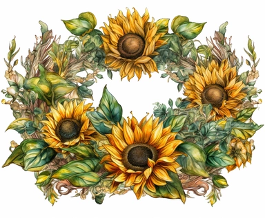 CREATE A MAGNIFICENT AND EXQUISITE BREATHTAKING HIGH QUALITY HIGHLY DETAILED WATERCOLOR CLIPART ILLUSTRATION OF STUNNING sunflower watercolor frame, in the style of goa-insprired motifs, neo-victorian, emerald and amber, transfer, ricoh ff-9d, simple designs, whimsical designs