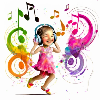 a 4 year old happy girl with clear face wearing colourful frock listening to music and dancing, with 2-3 music symbols entering to the girl ears in 3d clipart with white background