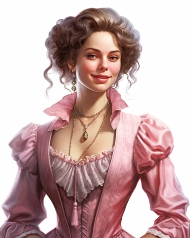 detailed smiling beautiful lady , dressed in a pink victorian vintage dress with necklace, hyper realistic, 8k, isolated on white backgorund, clipart