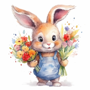 Watercolor bunny holding bouquet of wild flowers clipart, childlike innocence and charm, big and adorable eyes, cute and charming expression, funny and floppy ears, rosy cheeks, shy bunny, foreboding colors, valentines day themed, white background, high quality