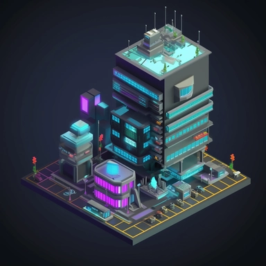 isometric perspective, game sprite, futuristic random office building concept, gaming asset, sci-fi, fun, creative, cartoon, clipart, hyper-detailed, black background,