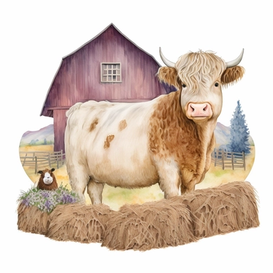 Highland Longhair Cow standing on a hay bale, with a red barn in the background, Watercolor, Clipart, sweet, cute, transparent background PNG