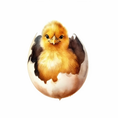 realistic waterolor small chick hatch from the egg with its feet pierce through the egg shell running with its head probe through the top of the egg shell, on solid white background, clipart