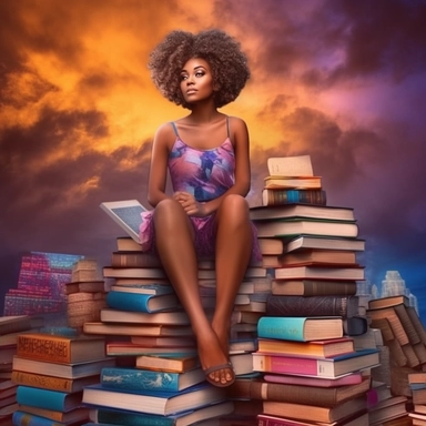 imagination, Clipart illustration of afro cosmepolitian woman sitting on top of books, realistic in the style of nene thomas, 100k background, Abstract, Colorful, beautifully color - coded, beautifully color graded, Unreal Engine, Cinematic, Color Grading, Editorial Photography, Photography, Photoshoot, Shot on 70mm lense, Depth of Field, DOF, Tilt Blur, Shutter Speed 1/ 1000, F/ 22, White Balance, 32k, Super - Resolution, Megapixel, ProPhoto RGB, VR, Lonely, Good, Massive, Halfrear Lighting, Ba