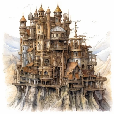 Watercolor hyperdetailed ultra realistic clipart of steampunk fictional worlds like Middle Earth, Hogwarts, or Narnia, including intricate details such as famous landmarks, architecture, and landscapes