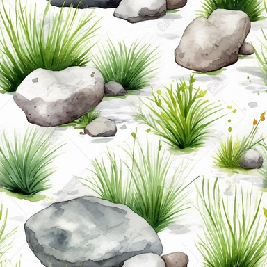 seamless pattern watercolor art of tuft of grass with rocks and bugs in a field, in the style of realistic and hyper-detailed renderings, sketchfab, ahmed morsi, realistic watercolor paintings, use of common materials, handcrafted designs clipart
