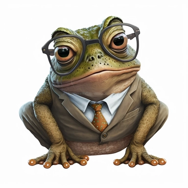 studious toad, wearing a suit and glasses, vintage, funny, white background, clipart, no shadows, caricature