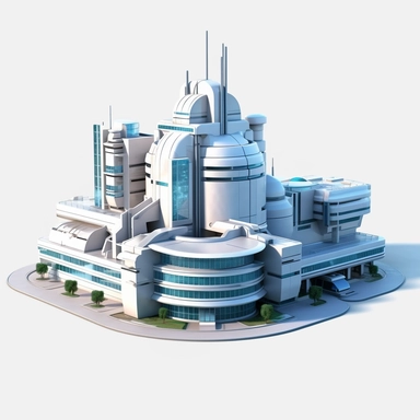 City Hospital Building futurestic building, starwars clipart, 4K, white background , 3/4 angle, top angle