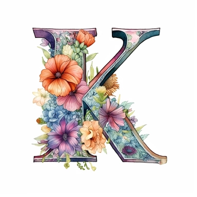 Beautiful Pastel Vintage Flower Alphabet Letter  K  Watercolor and ink Clipart, Cartoon, hyper-realistic, high contrast, intricate detail, illustration style, high solution on the white background