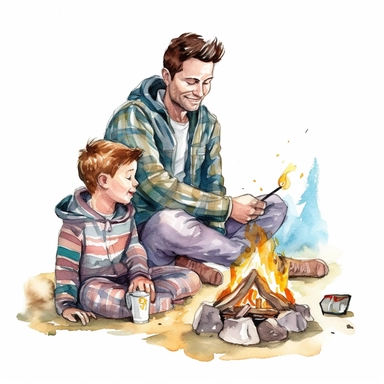 A father and son camping, sitting around a campfire and roasting marshmallows, Watercolor, Clipart, detailed, high resolution, transparent background PNG