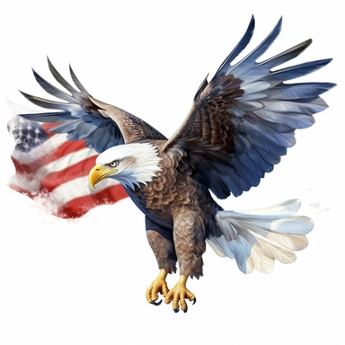 flying bald eagle with american flag in his talons, clip art, white background