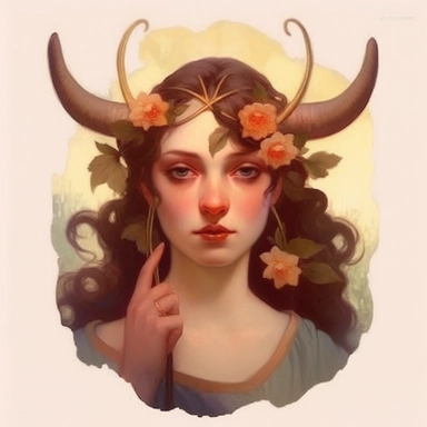 Taurus zodiac sign as fantasy girl with nose ring and earnings, and brown hair, Watercolor Zodiac Sign Clipart Astrology medea, Goddess of taurus, jasons golden fleece, ram horns, dragon, Medea, roses,