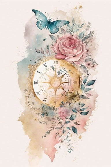 Worn watercolor pastel clipart, soft light, white background with aged page damaged by time, embossed compass, love, rose petals, butterfly, gold embossed details