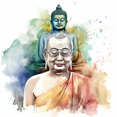 a clipart of a ultra detailed watercolor Dalai Lama in Thailand with the Buddhism Tian Tan Buddha as background, v4 ar 2:3