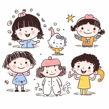 Children's Day small scene, three teachers and many kids Surrounding Together，Kawaii clipart set featuring adorable Flat vector, kids playing with water guns，In front of the kindergarten，smile, in soft pastel colors. Kawaii,white background