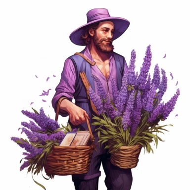 Fantasy seller merchant Lavender flowers, Vector art clipart, solid white background