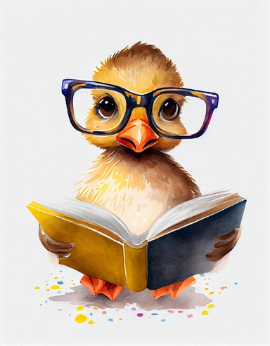 detailed watercolor kawaii duck with eyeglasses reading a book, facing front, isolated on a white background, clipart