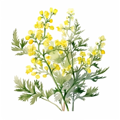 A design depicting a flowering wormwood plant, with its small, yellowish-green flowers clipart, white background, watercolor sophisticated drawing