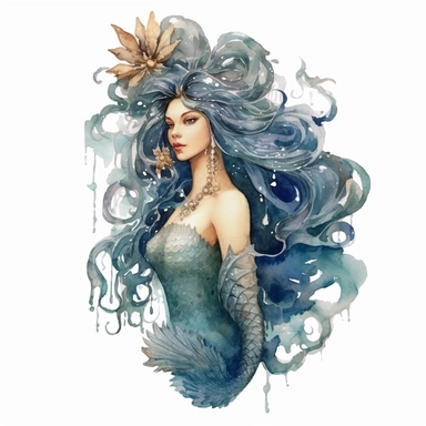 beautiful rich Russian style sea mermaid with long hair full body with fish tale, sea stars, sea shells, portrait, super high quality, high resolution, watercolor clipart, natural colors, isolated white background, 8k