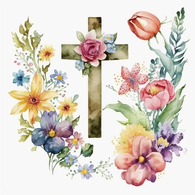 watercolor Easter Cross, flowers, Easter element clipart, on white background