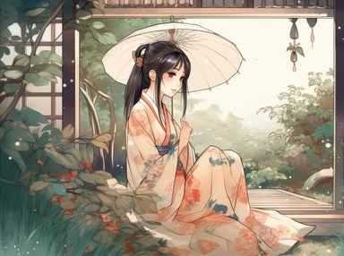 watercolor clipart person japanese girl sitting on the front porch with leafy landscape, in the style of nightcore, western zhou dynasty, nene thomas, i can't believe how beautiful this is, cranberrycore, happenings, japanese traditional