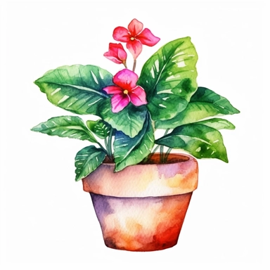 Watercolor clipart tropical single planter, with colorful beautiful flowers, Watercolor clipart tree planter, single watercolor houseplant clipart in pot, black contour around the leaves, white background,