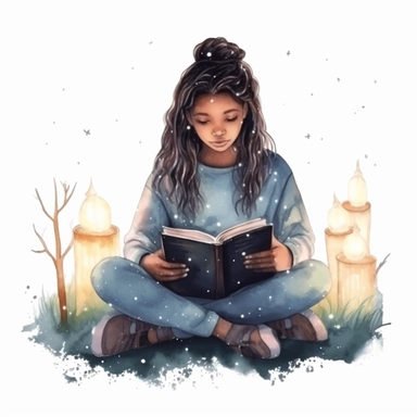 Watercolour Black teenage girl Reading Clipart, braids, forest library, surronded by fireflies, reading in a fort, Girl Studying Clipart, Book Lover , Student Clipart, Reading Png,Bookworm, hd, white background, spaced out, pastel colors, cartoon realism details--ar 3:2