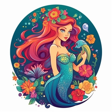 Create a vector clipart that emulates the Disney art style, showcasing a mermaid akin to Ariel from 'The Little Mermaid.' The mermaid should bear a stylish and dynamic design, complete with a vibrant, colorful mermaid tail. An emblem should be woven into the design, retaining harmony with the overall look while maintaining prominence, flowers, fish