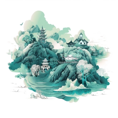 a Super Gorgeous paper cut water colour Chinese landscape painting with auspicious clouds, greenish blue, 2D concept simplified illustration on white background. clipart, highly detailed, vibrant, ultra high quality, 2D vector, best quality