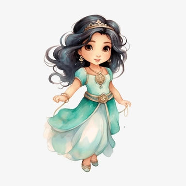 Toddler princess jasmine cartoon watercolor, round face delicate her long hair sharp and detailed her outfit like the original princess, character should be well drawn with soft tones a very clear smile confident and a head lightly painted in watercolor the character is a one year old baby should be on a white background clipart