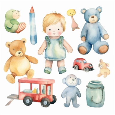 cute baby toys watercolor girl and boy clipart