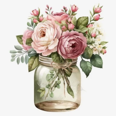 watercolor pink rose Clipart pink rose floral bouquet in the jar, white background, no text