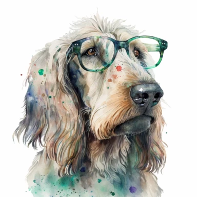 a watercolor painting of a Afghandog Hound COOL with glasses, clipart, white background