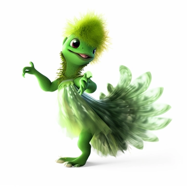 green baby girl Godzilla, looks like an alien, doing high step dance moves, wearing a designer dress made from Phoenix feathers , ultra high fashion, wearing ruby neck scarf, techno lighting, disney cuteness, plain white background, cutout clipart