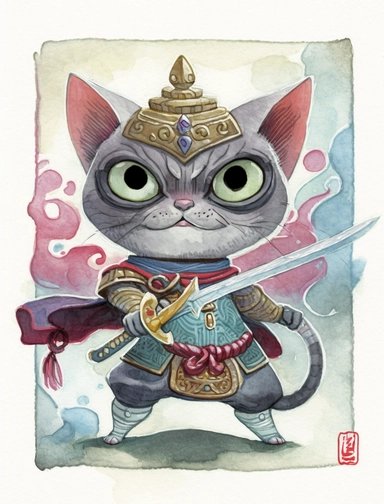 beautifully colored, beautifully illustrated anthropomorphic self defense cat , with a cast shadow , beautiful gouache painting, chibi clipart with a cast shadow on white background, beautiful gouache painting, , watercolor art by concept art by Ken Sugimori art by cory loftis art by cory loftis