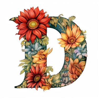 alphabet letter D, floral image, clipart, white background